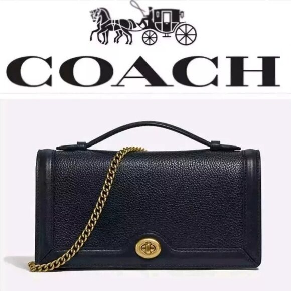 Coach Handbags - Coach Riley Signature Chain Clutch Black/Gold Polished Pebbled Wallet Crossbody